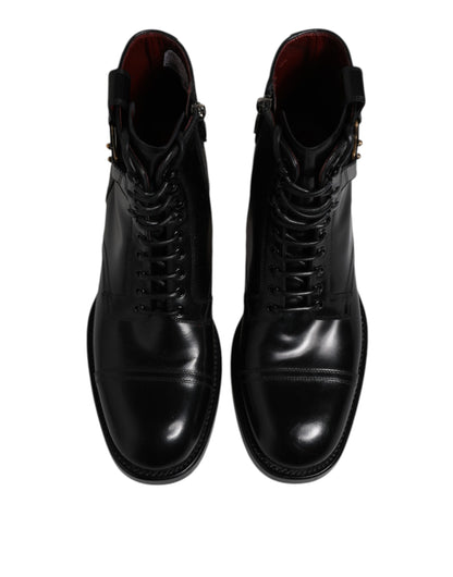 Dolce &amp; Gabbana Black Leather Mid Calf Boots Lace Up Shoes