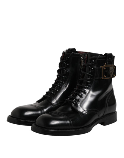 Dolce &amp; Gabbana Black Leather Mid Calf Boots Lace Up Shoes