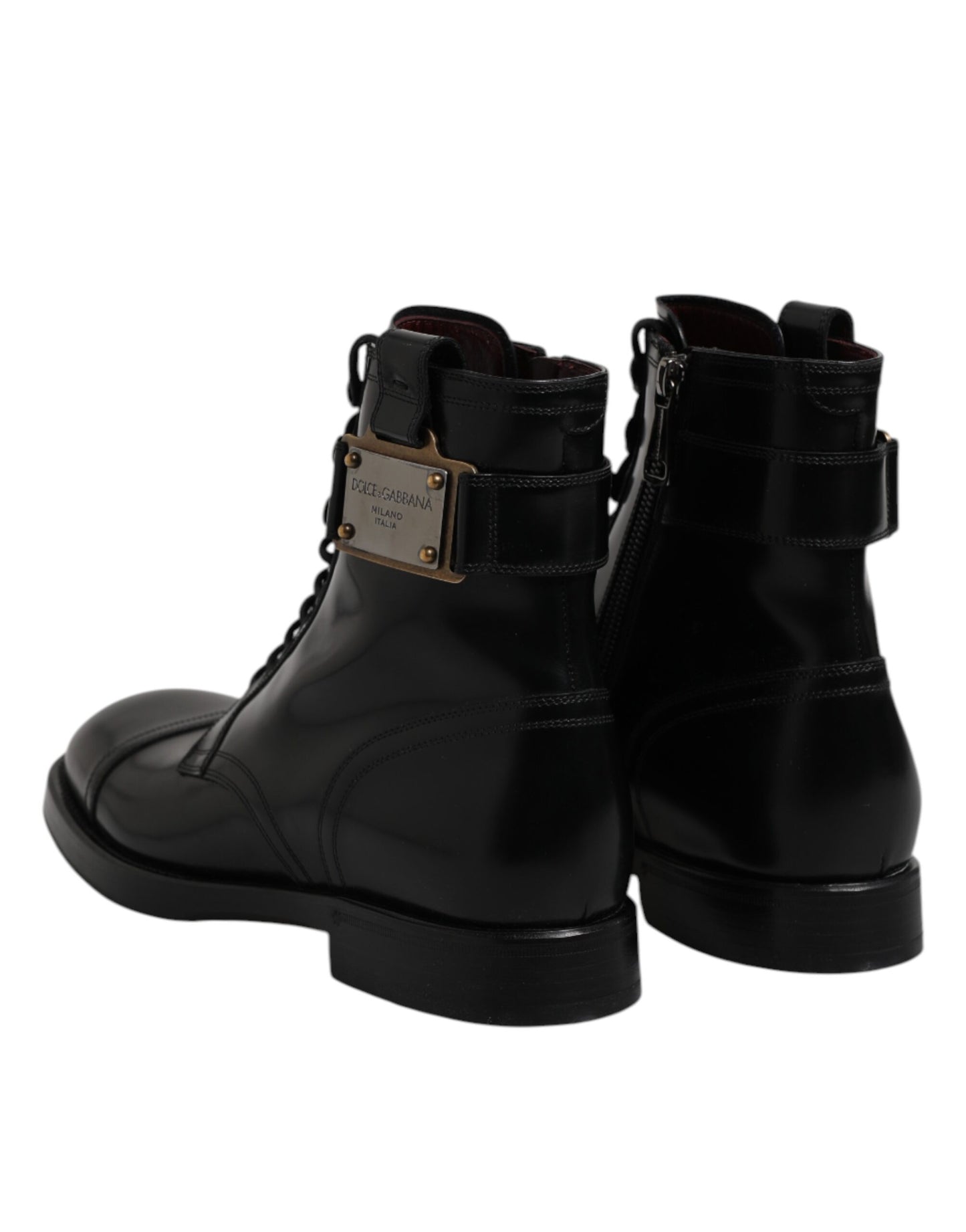 Dolce &amp; Gabbana Black Leather Mid Calf Boots Lace Up Shoes