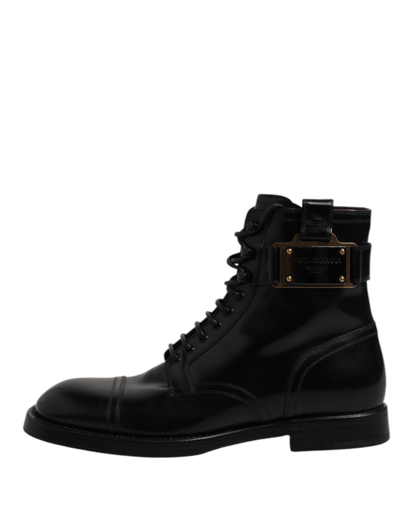 Dolce &amp; Gabbana Black Leather Mid Calf Boots Lace Up Shoes
