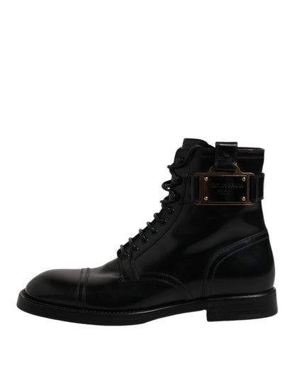 Dolce &amp; Gabbana Black Leather Mid Calf Boots Lace Up Shoes