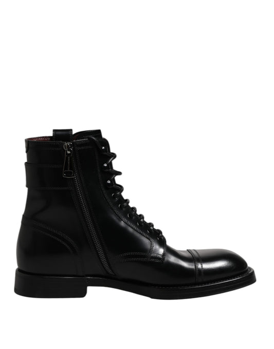 Dolce &amp; Gabbana Black Leather Mid Calf Boots Lace Up Shoes