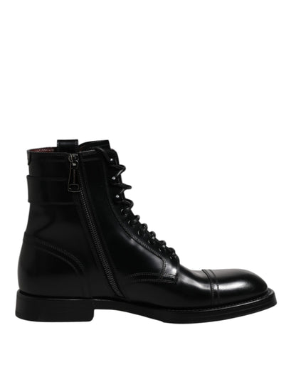 Dolce &amp; Gabbana Black Leather Mid Calf Boots Lace Up Shoes