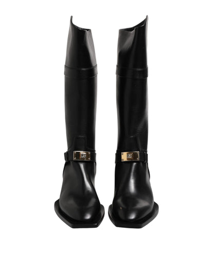 Dolce &amp; Gabbana Black Leather High Boots Flats Shoes