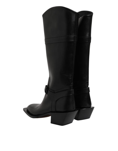 Dolce &amp; Gabbana Black Leather High Boots Flats Shoes