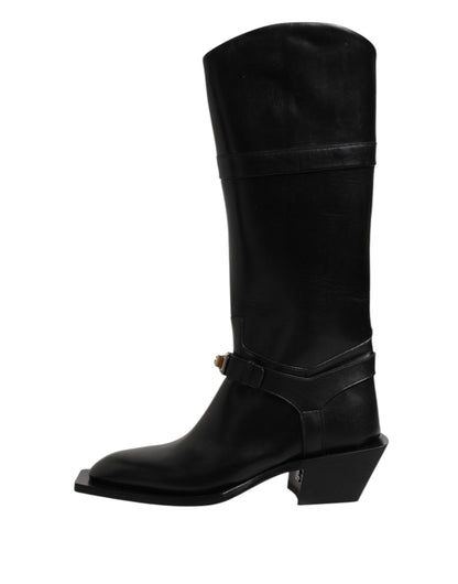 Dolce &amp; Gabbana Black Leather High Boots Flats Shoes