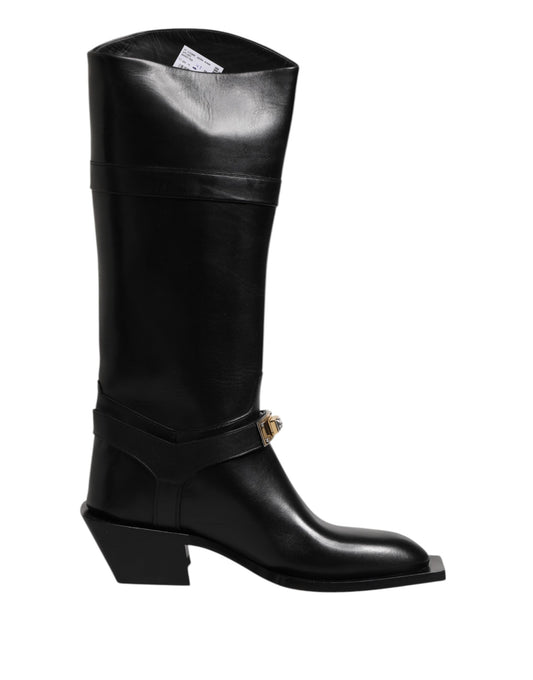 Dolce &amp; Gabbana Black Leather High Boots Flats Shoes
