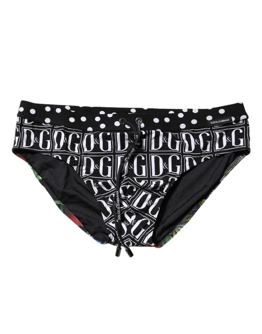 Dolce &amp; Gabbana Black Floral Logo Beachwear Men Brief Swimwear