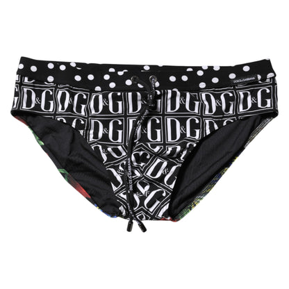 Dolce &amp; Gabbana Black Floral Logo Beachwear Men Brief Swimwear