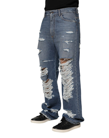 Dolce &amp; Gabbana Blaue Jeans aus zerfetzter Baumwolle mit Logo-Plakette