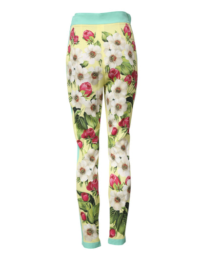Dolce &amp; Gabbana Gelbe Leggings aus Seide mit Blumenmuster