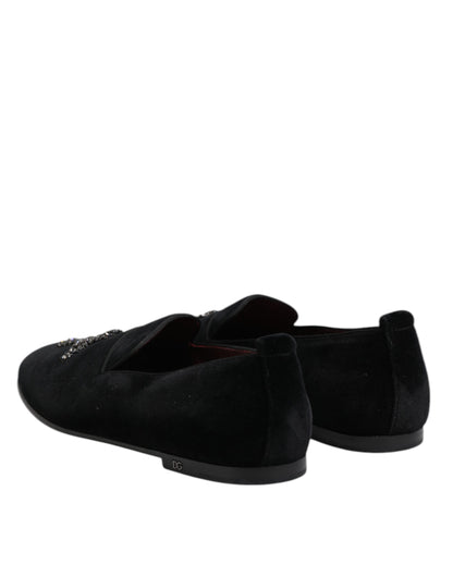 Dolce &amp; Gabbana – Formelle Schuhe aus schwarzem Samt mit Kristallkrone