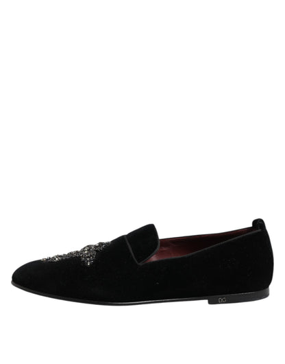 Dolce &amp; Gabbana – Formelle Schuhe aus schwarzem Samt mit Kristallkrone