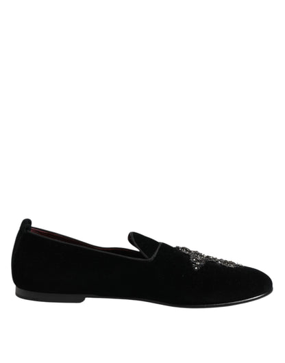 Dolce &amp; Gabbana – Formelle Schuhe aus schwarzem Samt mit Kristallkrone