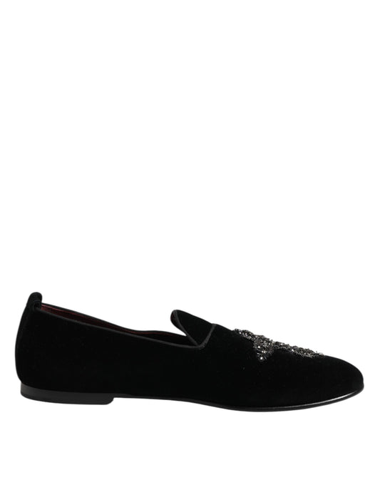 Dolce &amp; Gabbana – Formelle Schuhe aus schwarzem Samt mit Kristallkrone