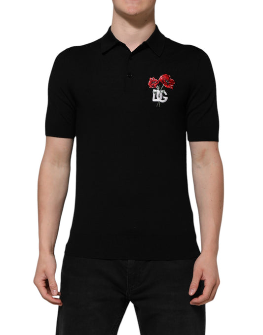 Dolce &amp; Gabbana Black Wool DG Logo Rose Collared Polo T-shirt