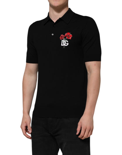 Dolce &amp; Gabbana Black Wool DG Logo Rose Collared Polo T-shirt
