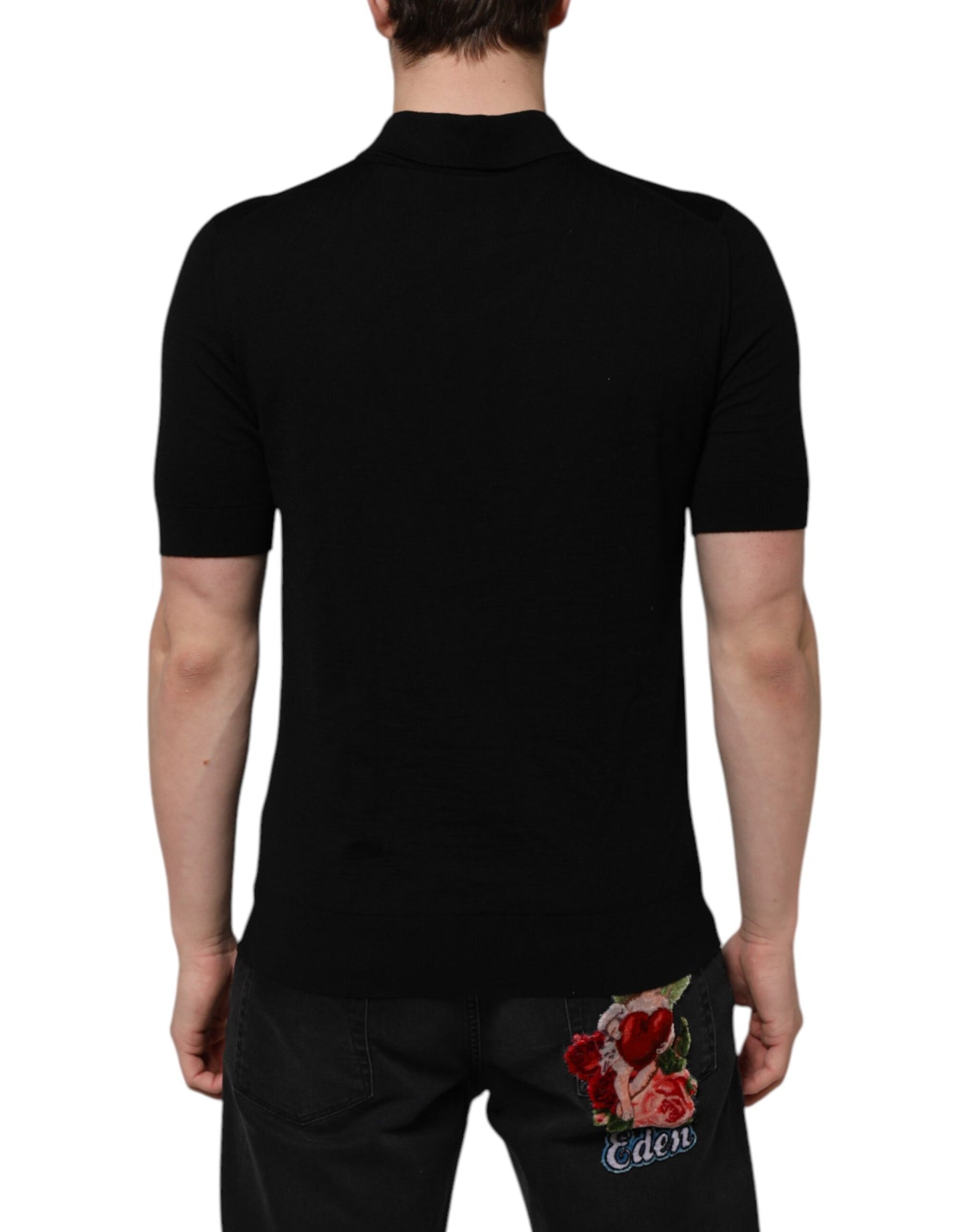Dolce &amp; Gabbana Black Wool DG Logo Rose Collared Polo T-shirt
