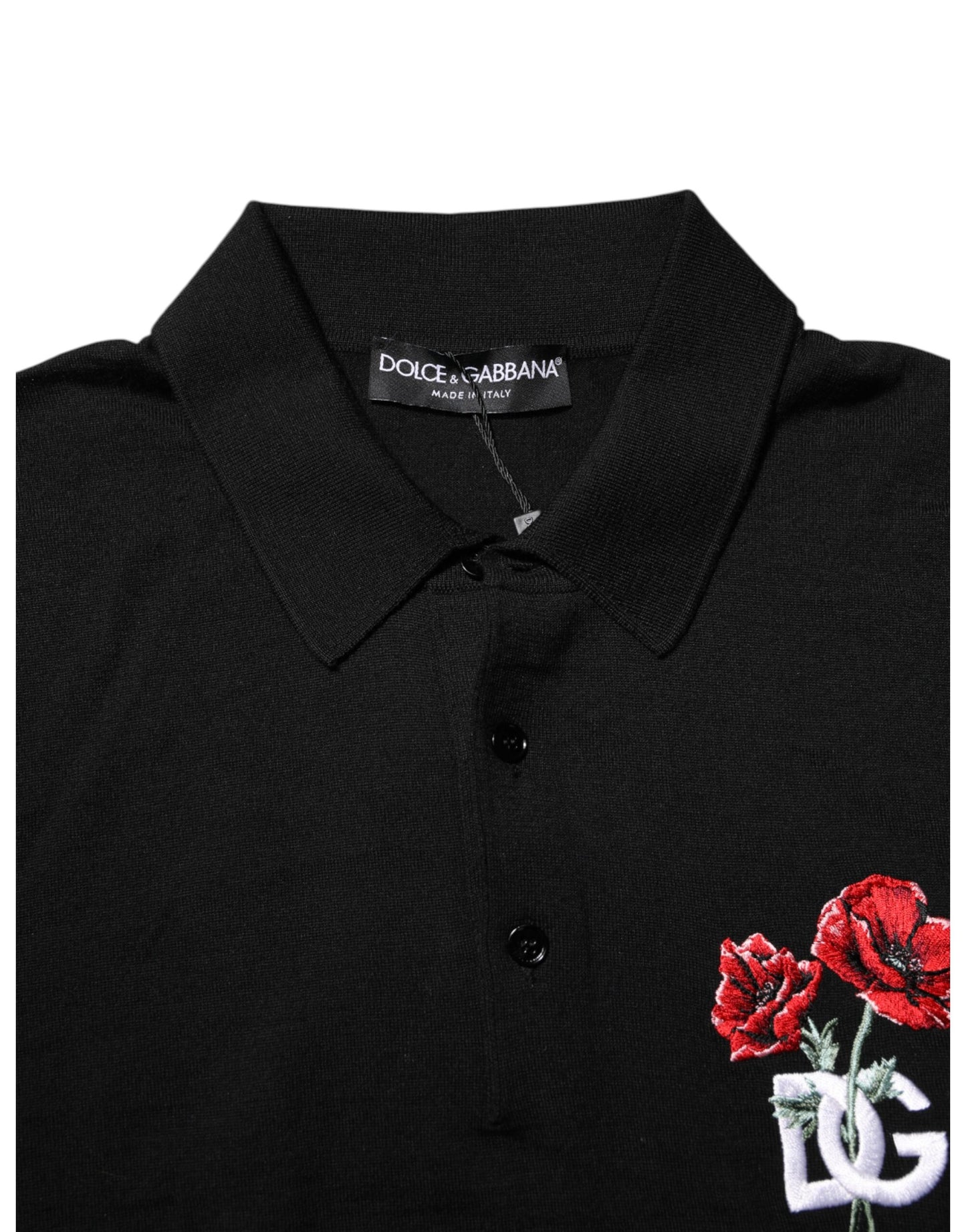 Dolce &amp; Gabbana Black Wool DG Logo Rose Collared Polo T-shirt