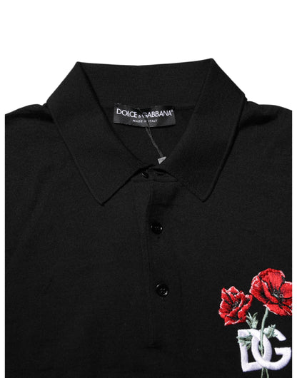 Dolce &amp; Gabbana Black Wool DG Logo Rose Collared Polo T-shirt