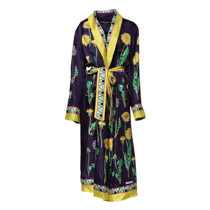 Dolce &amp; Gabbana – Blauer Wickelmantel aus Seide mit Blumenmuster und langen Ärmeln