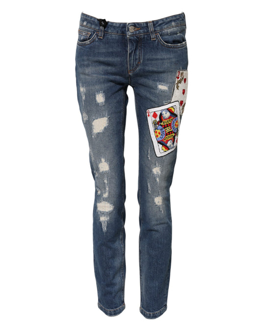 Dolce &amp; Gabbana – Blaue Skinny-Jeans mit Spielkartenstickerei 