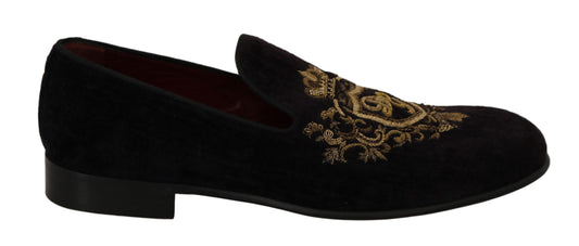 Dolce &amp; Gabbana Loafer aus schwarzem Samt mit goldener Krone
