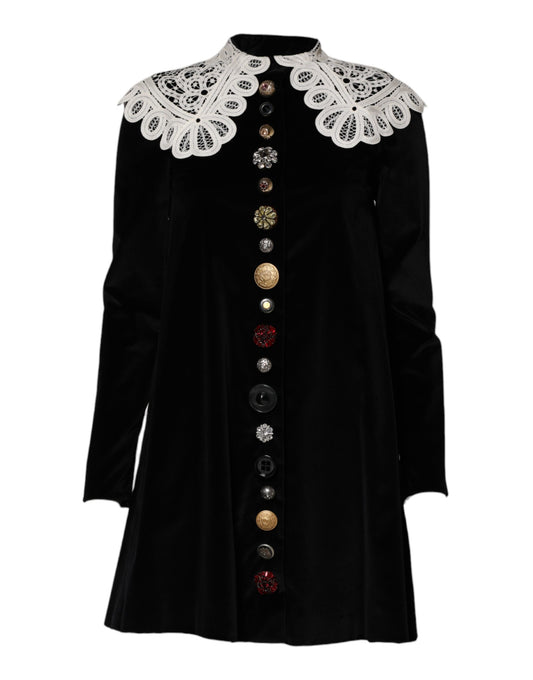 Dolce &amp; Gabbana – Schwarzes Samtkleid mit Spitzenkragen und Verzierung