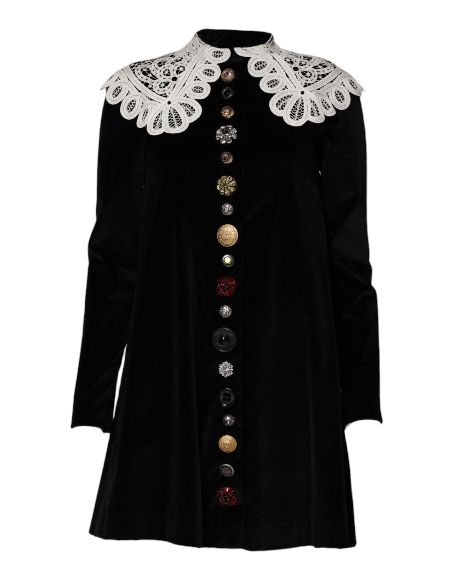 Dolce &amp; Gabbana – Schwarzes Samtkleid mit Spitzenkragen und Verzierung