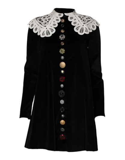 Dolce &amp; Gabbana – Schwarzes Samtkleid mit Spitzenkragen und Verzierung