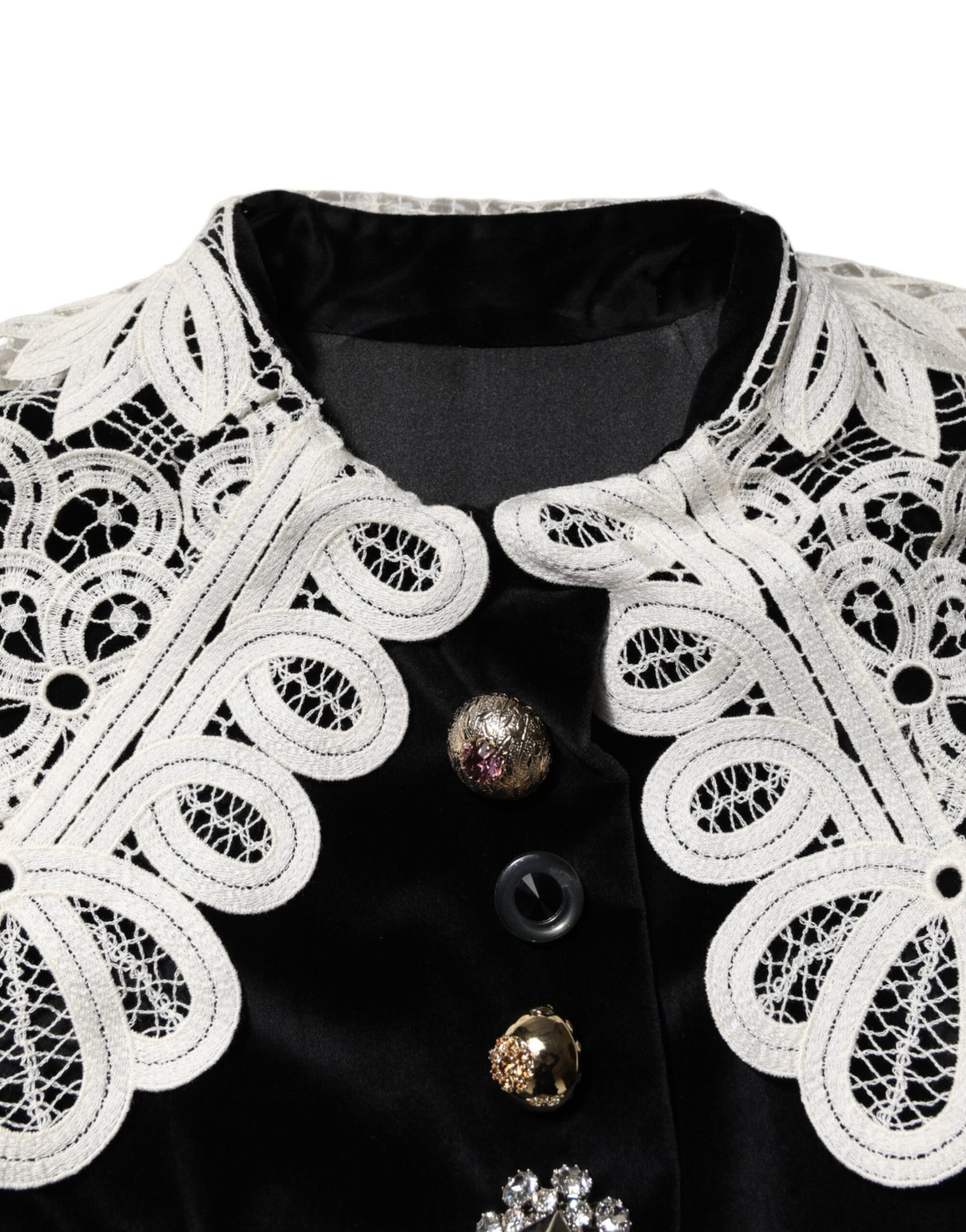 Dolce &amp; Gabbana – Schwarzes Samtkleid mit Spitzenkragen und Verzierung
