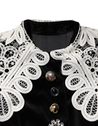 Dolce &amp; Gabbana – Schwarzes Samtkleid mit Spitzenkragen und Verzierung