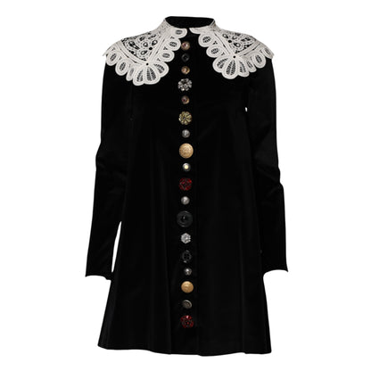 Dolce &amp; Gabbana – Schwarzes Samtkleid mit Spitzenkragen und Verzierung
