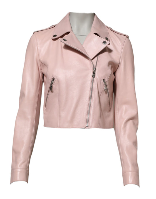 Dolce &amp; Gabbana – Hellrosa Bikerjacke aus Leder mit Kragen für Damen