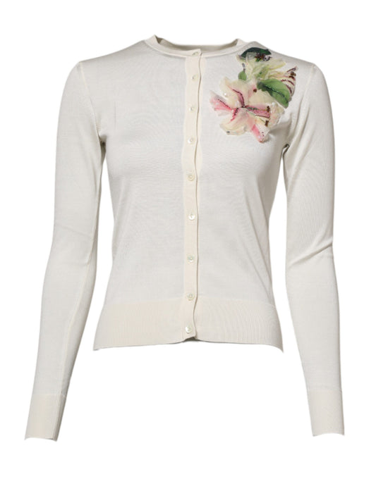 Dolce &amp; Gabbana – Strickjacke aus weißer Seide mit Lilienverzierung