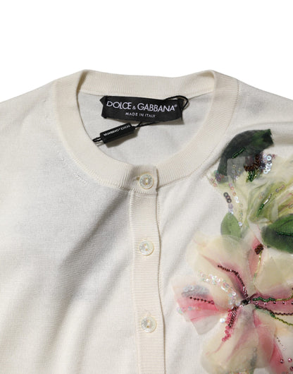Dolce &amp; Gabbana – Strickjacke aus weißer Seide mit Lilienverzierung