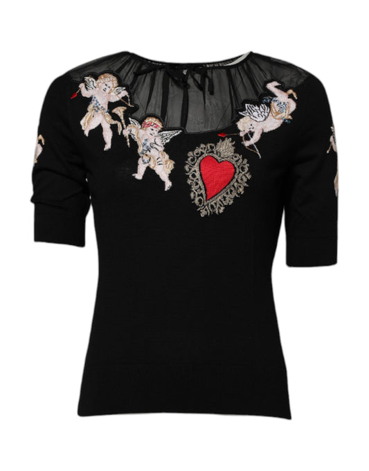 Dolce &amp; Gabbana – Schwarzes Oberteil mit Rundhalsausschnitt und Herz-Jesu-Stickerei