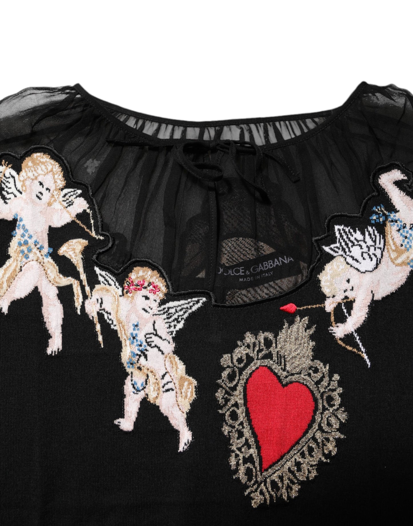 Dolce &amp; Gabbana – Schwarzes Oberteil mit Rundhalsausschnitt und Herz-Jesu-Stickerei