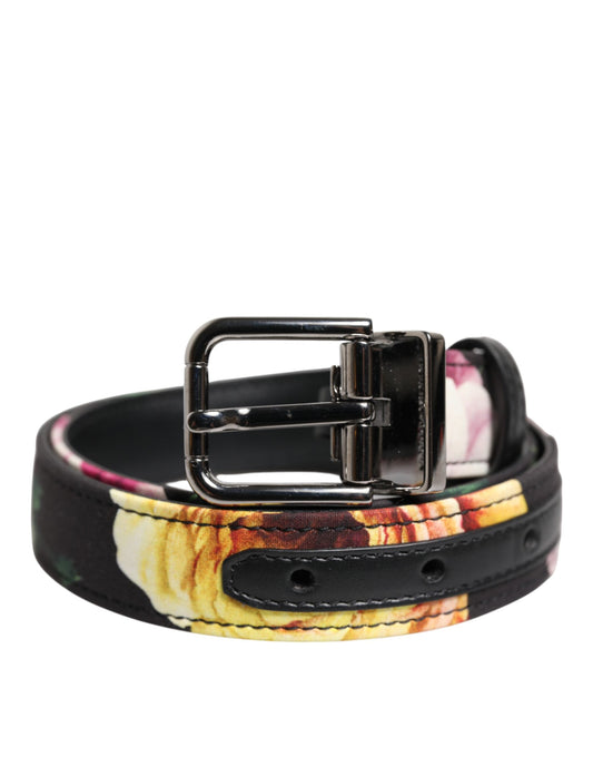 Dolce &amp; Gabbana Schwarzer Brokatgürtel mit Blumenmuster und silberner Metallschnalle