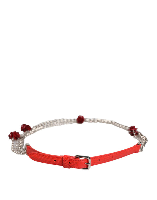 Dolce &amp; Gabbana – Cintura-Gürtel aus rotem Leder mit silberner Kette und Blumenmuster