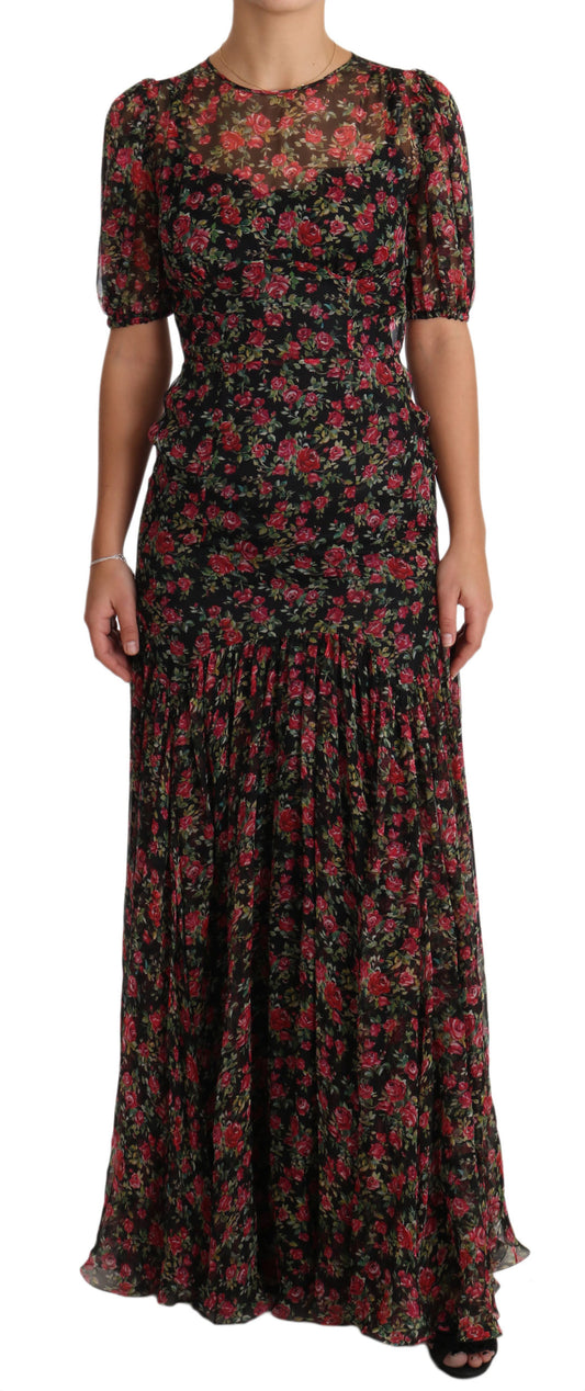 Dolce &amp; Gabbana – Schwarzes A-Linien-Etuikleid mit Blumenmuster und Rosen