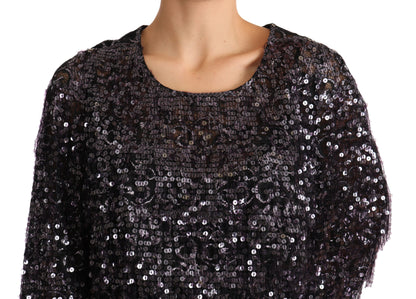 Dolce &amp; Gabbana – Schwarzes, langärmliges Midi-Etuikleid mit Pailletten