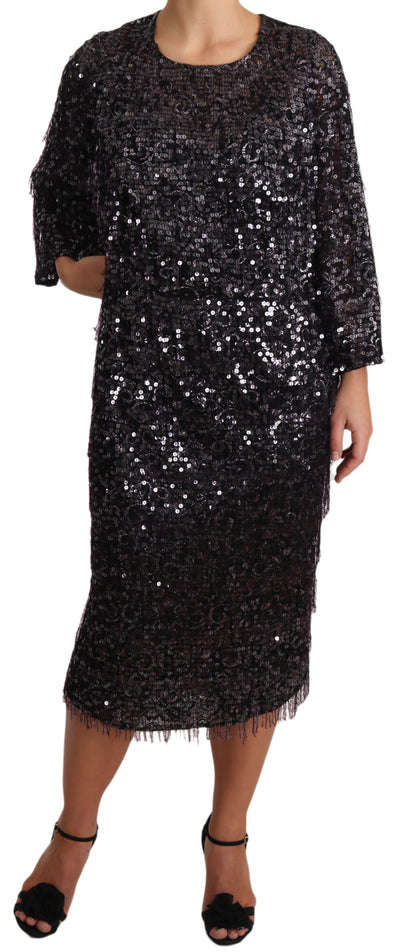 Dolce &amp; Gabbana – Schwarzes, langärmliges Midi-Etuikleid mit Pailletten