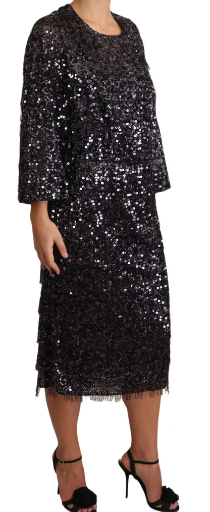 Dolce &amp; Gabbana – Schwarzes, langärmliges Midi-Etuikleid mit Pailletten
