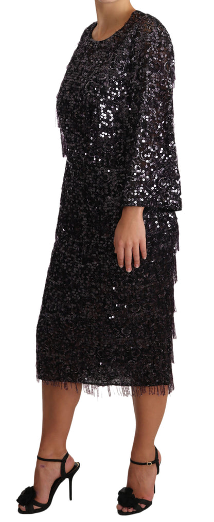 Dolce &amp; Gabbana – Schwarzes, langärmliges Midi-Etuikleid mit Pailletten