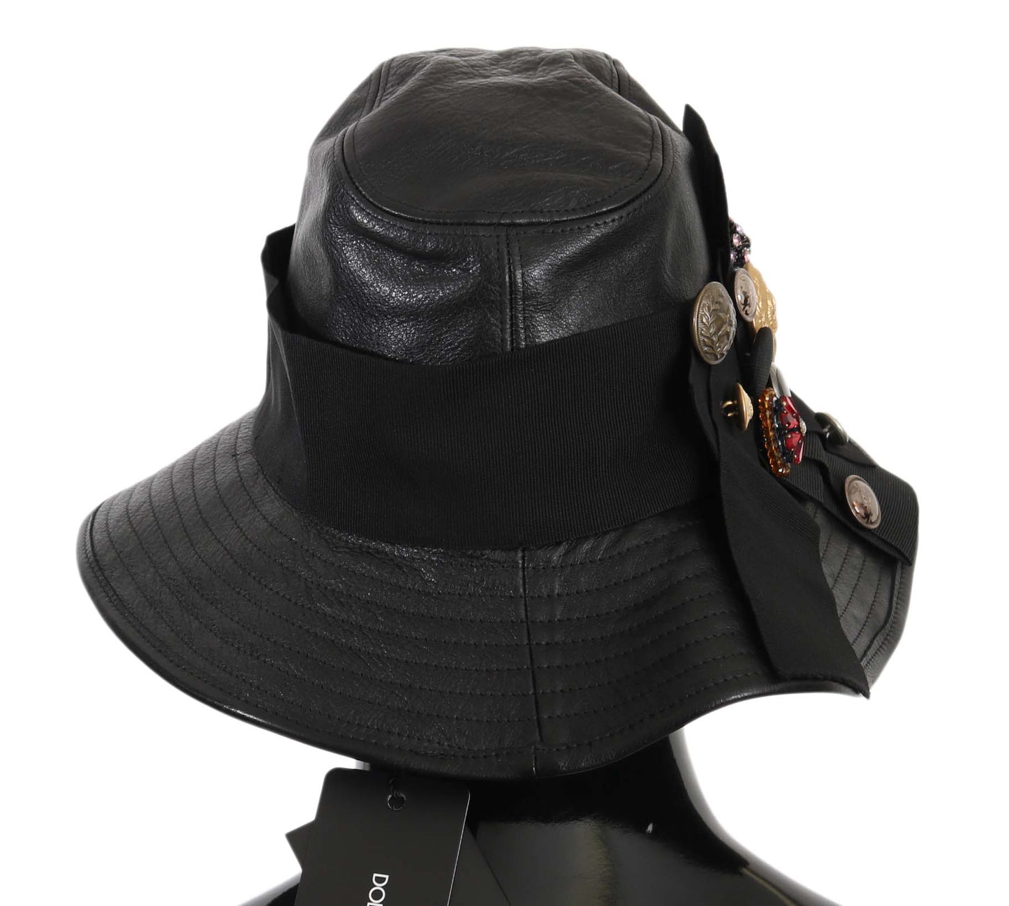 Dolce &amp; Gabbana – Schwarzer Lederhut mit DG-Münzen und Kristallen in breiter Krempe