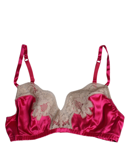 Dolce &amp; Gabbana – Magentafarbene, bügellose Seiden-BH-Unterwäsche mit floraler Spitze