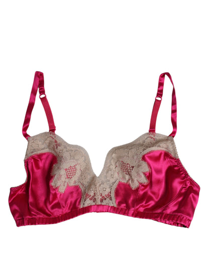 Dolce &amp; Gabbana – Magentafarbene, bügellose Seiden-BH-Unterwäsche mit floraler Spitze