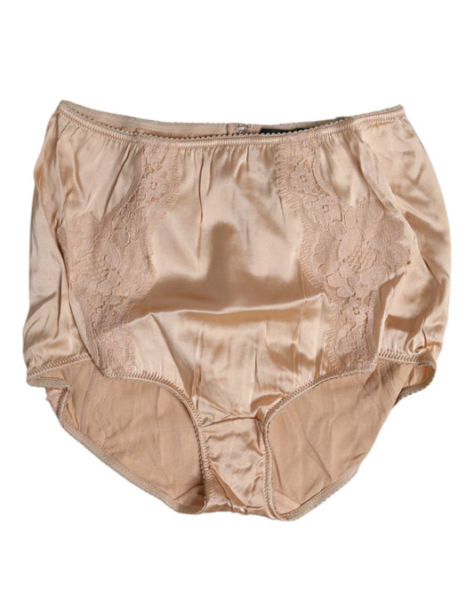 Dolce &amp; Gabbana – Beigefarbene Bikini-Höschen-Unterwäsche aus Seidenspitze mit hoher Taille