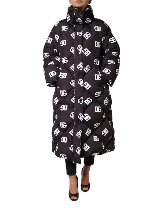 Dolce &amp; Gabbana – Schwarze, gesteppte DG Mania-Pufferjacke in Langmantelform
